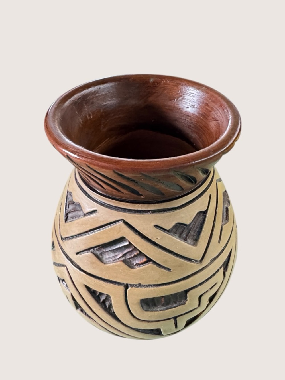 Hand Carved Mexican Redware Pottery Vase Tribal Marajoara Style Boho Decor - Picture 3 of 11